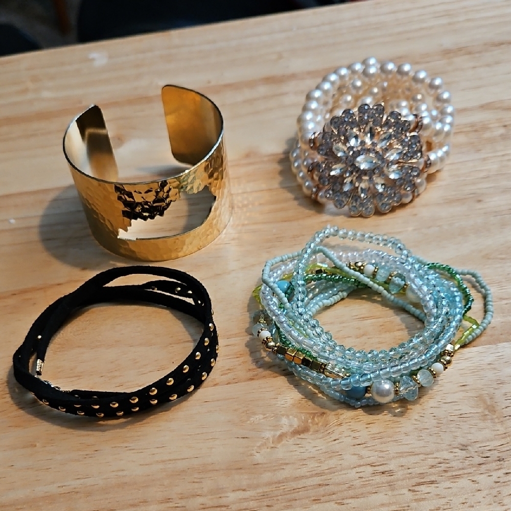 Gold Cuff and Beaded Bracelet Set